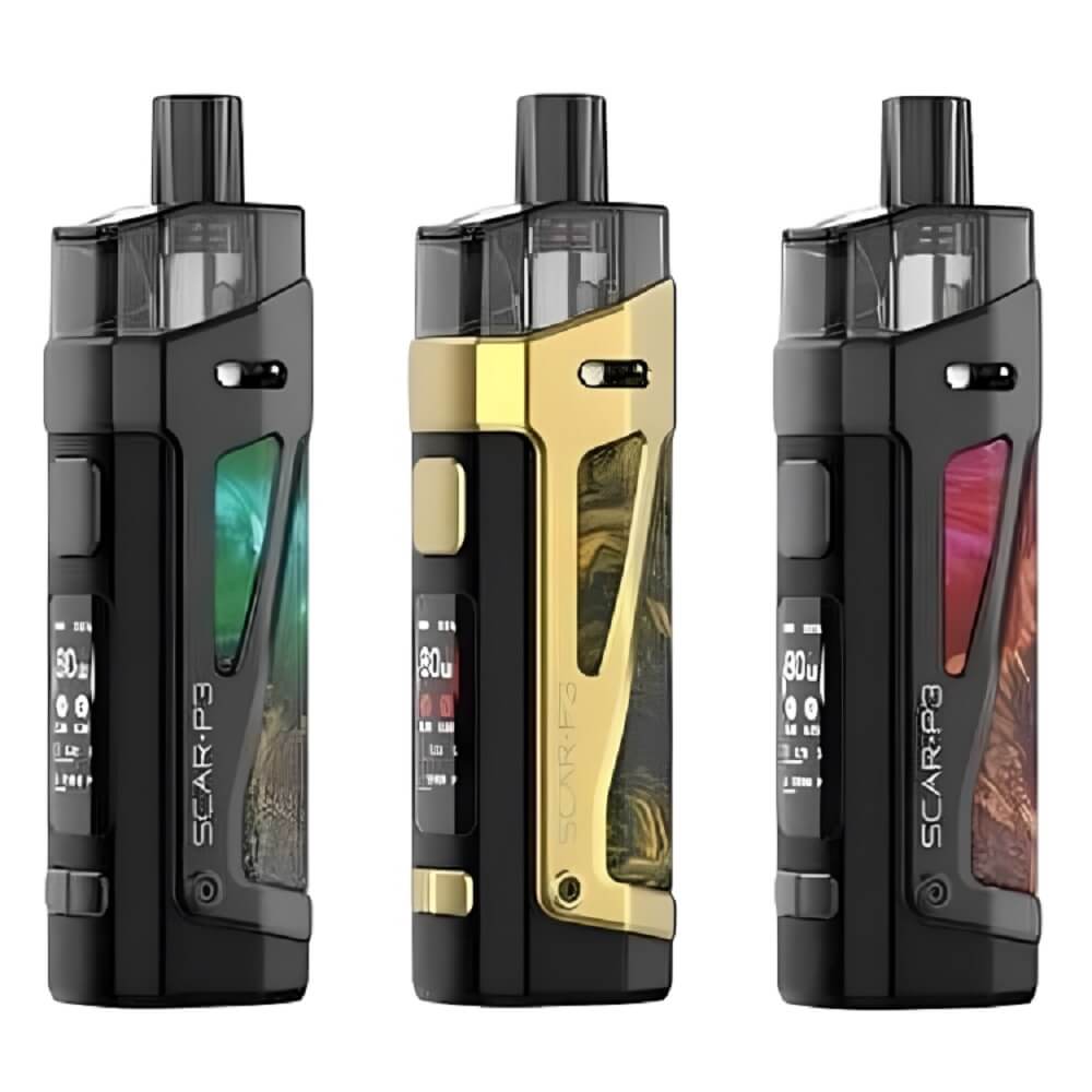 Smok Scar P3 Pod Kit, Green Stablizing Wood, Fluid Gold, Red Stablizing Wood Color