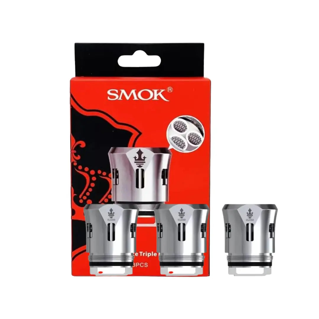 Close-up of a silver SMOK TFV12 Prince Triple Mesh 0.15 ohm replacement coils and box.