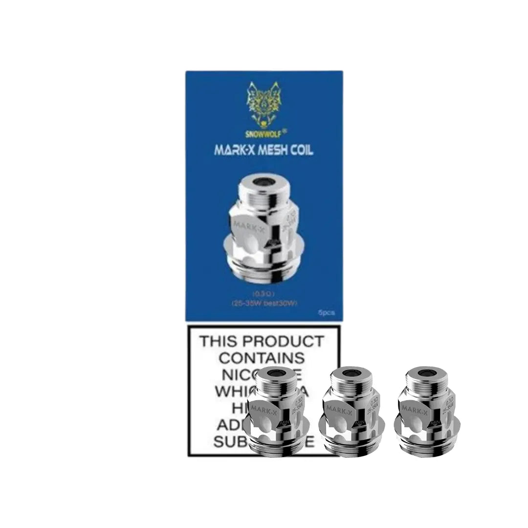 Three shiny Snowwolf Kfeng Mark-X coils 0.3 ohm with engraved text, designed for vaping kits.
