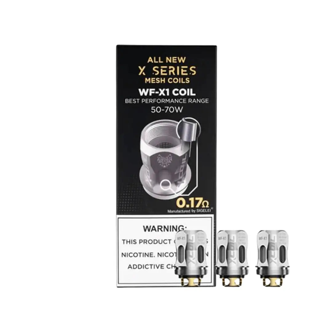 Box of Snowwolf WF-X1 mesh coils, 0.17 ohm, with three coils displayed beside it.