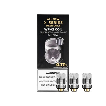 Box of Snowwolf WF-X1 mesh coils, 0.17 ohm, with three coils displayed beside it.