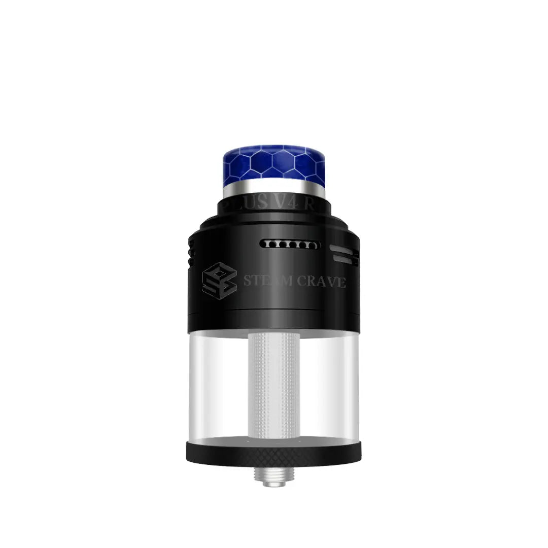 Steam Crave Aromamizer Plus V4 RDTA in black finish with purple honeycomb drip tip.