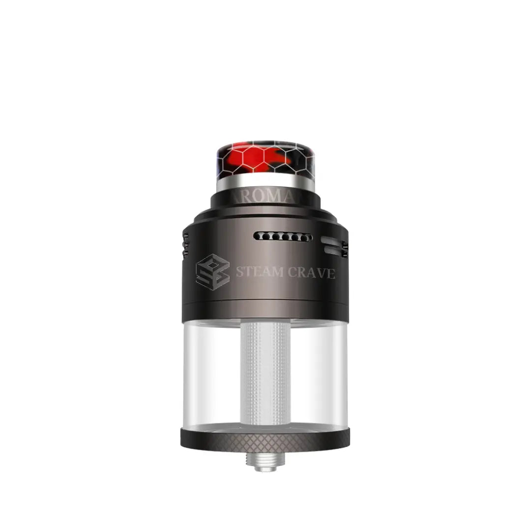 Steam Crave Aromamizer Plus V4 RDTA in gunmetal finish with red honeycomb drip tip.