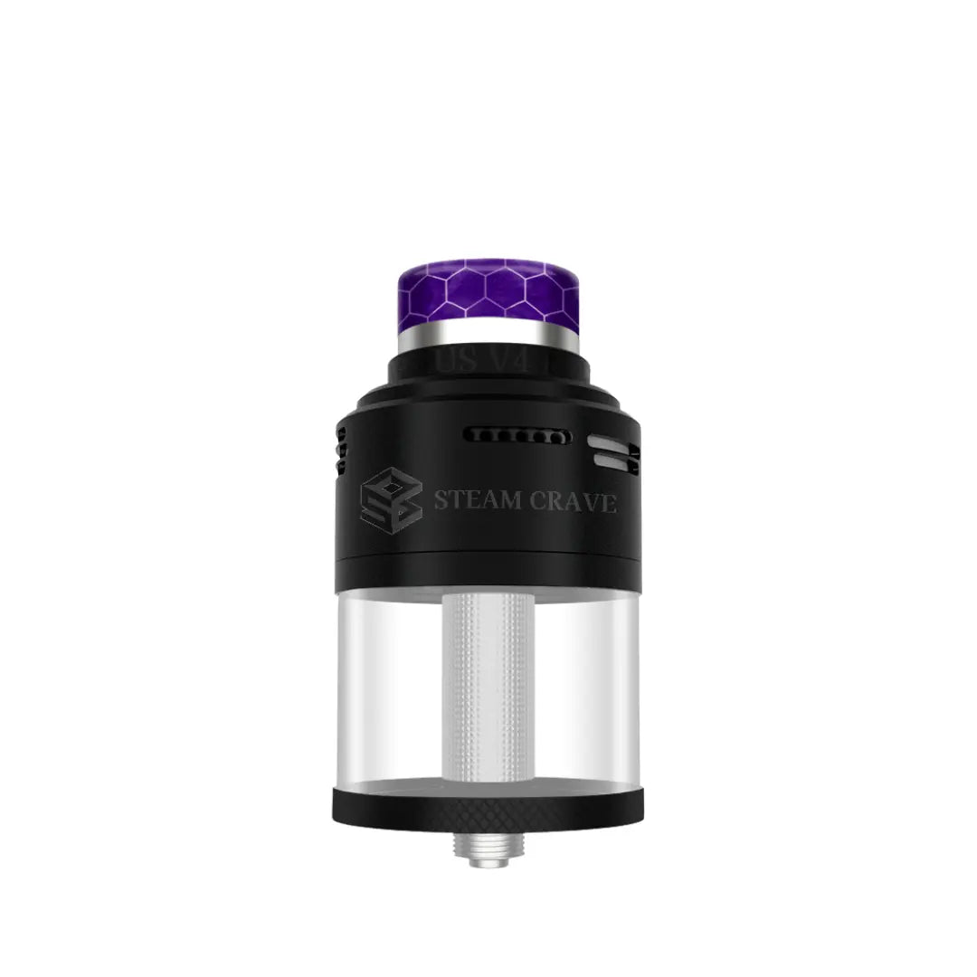Matte black Steam Crave Aromamizer Plus V4 RDTA with red honeycomb drip tip design.