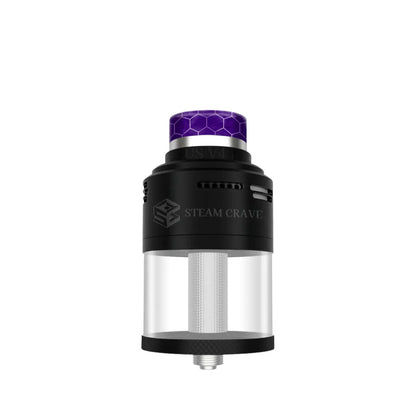 Matte black Steam Crave Aromamizer Plus V4 RDTA with red honeycomb drip tip design.