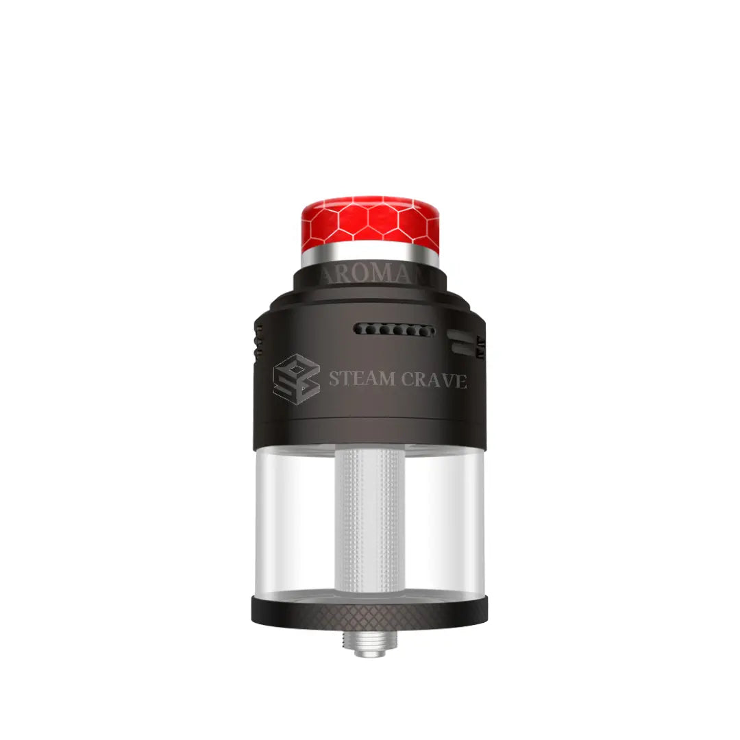 Matte gunmetal Steam Crave Aromamizer Plus V4 RDTA featuring a red honeycomb drip tip.