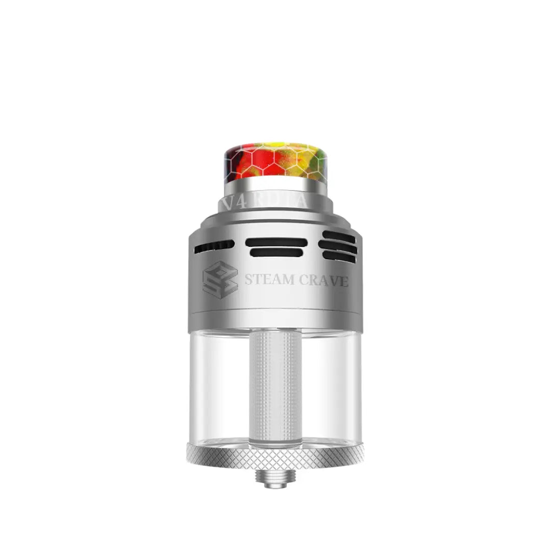 Stainless steel Steam Crave Aromamizer Plus V4 RDTA with rainbow honeycomb drip tip.