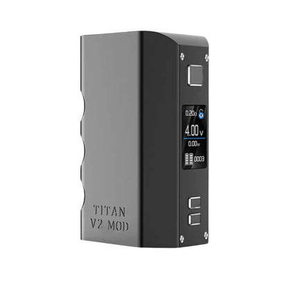 Steam Crave Titan V2 Box Mod in Black finish, featuring a compact design with a digital display screen showing vaping settings, including voltage and battery levels.
