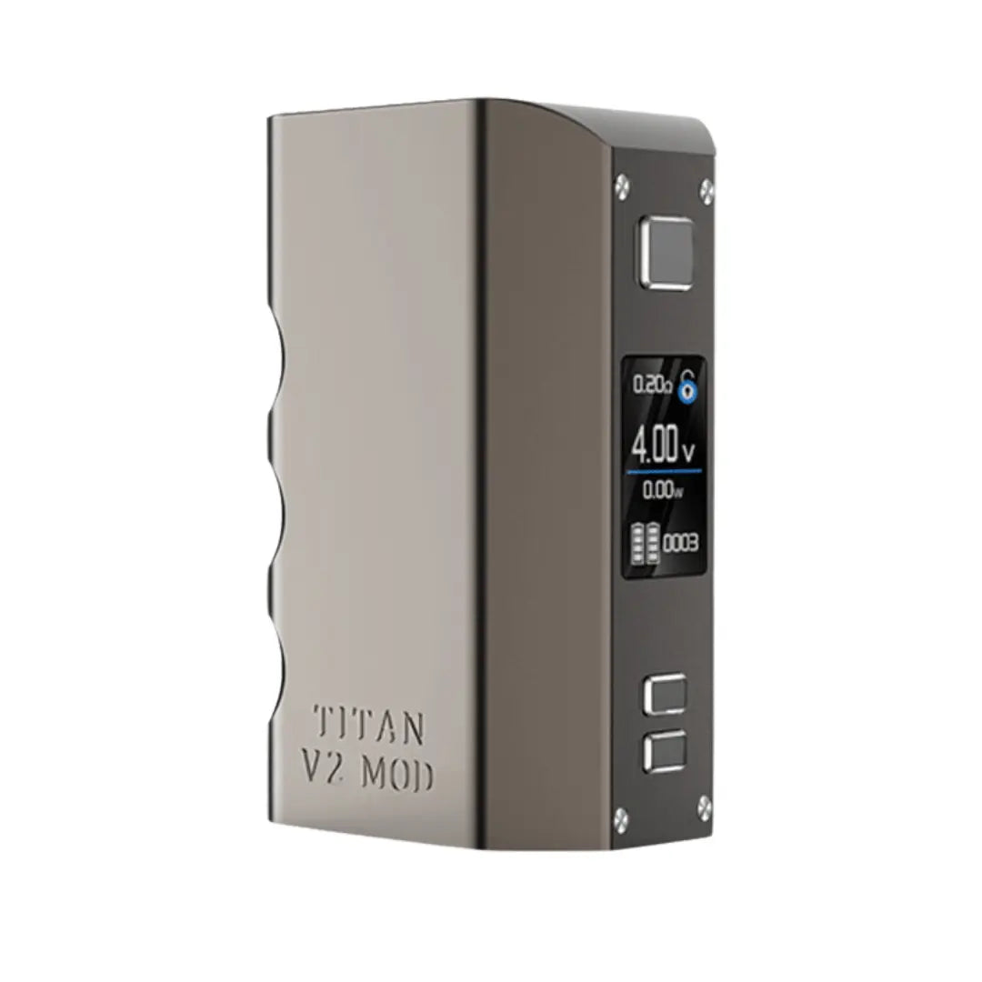 Steam Crave Titan V2 Box Mod in gunmetal finish, featuring a compact design with a digital display screen showing vaping settings, including voltage and battery levels.