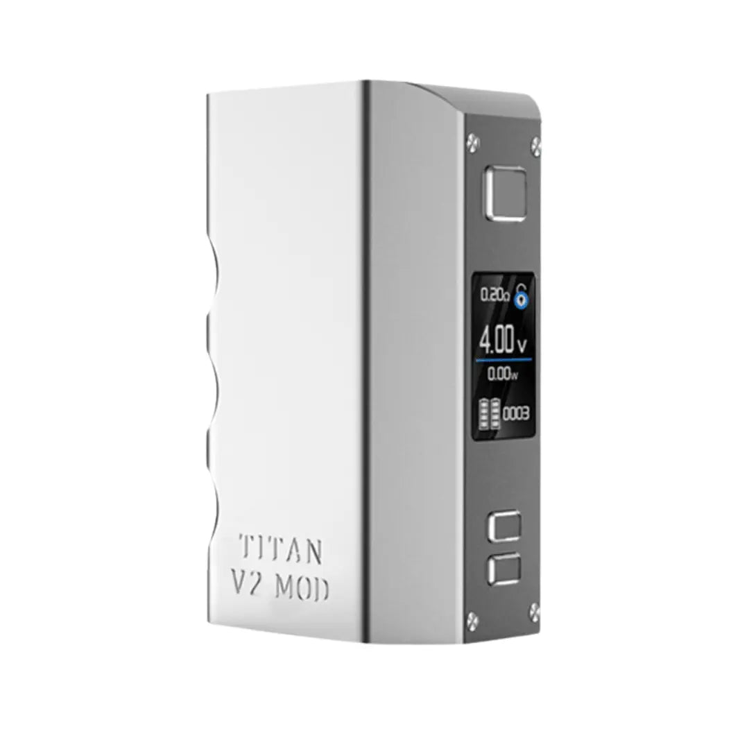 Steam Crave Titan V2 Box Mod in Silver finish, featuring a compact design with a digital display screen showing vaping settings, including voltage and battery levels.