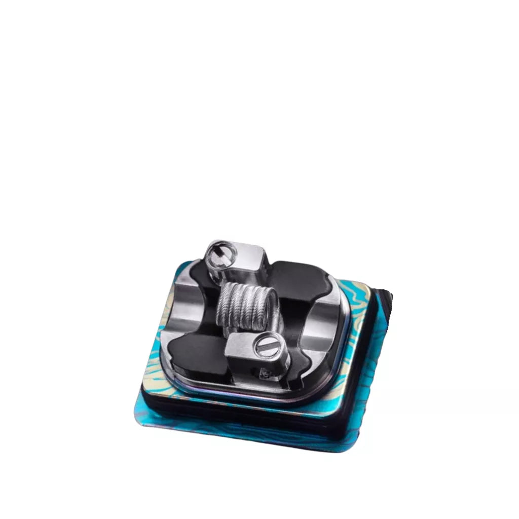 SturdyOne Titanium RBA build deck by Sturdy MFG with installed coil showing dual post design on blue titanium base