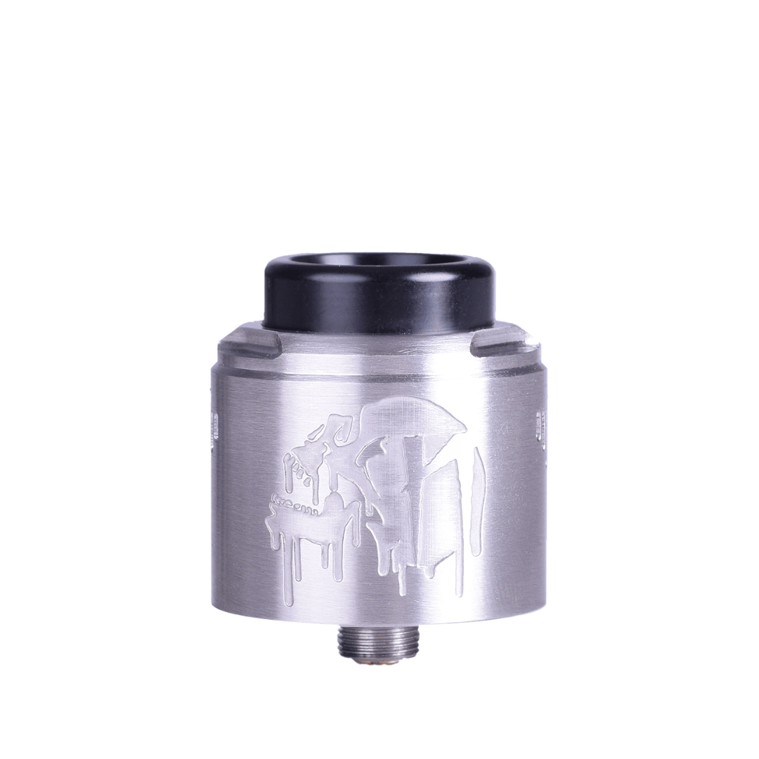 Suicide Mods Nightmare V2 RDA in brushed steel finish, featuring a sleek, engraved design.