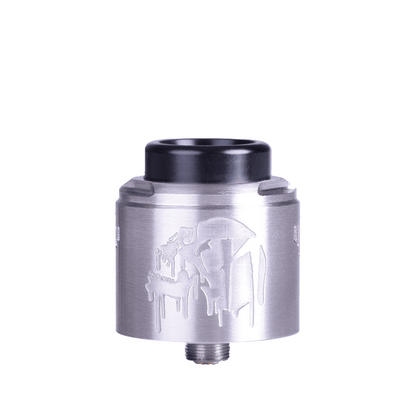 Suicide Mods Nightmare V2 RDA in brushed steel finish, featuring a sleek, engraved design.