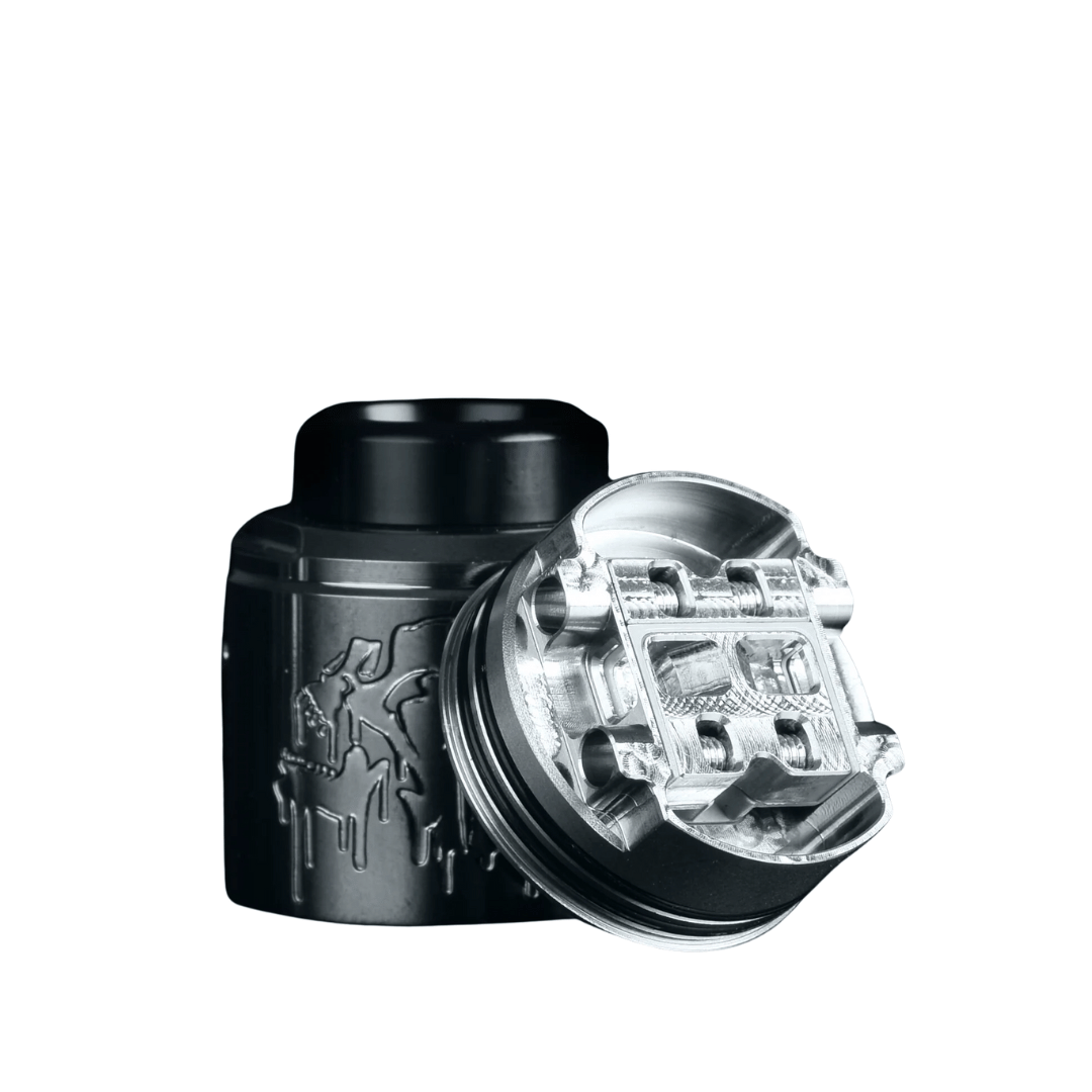 Suicide Mods Nightmare V2 RDA deck, black and silver with intricate detailing.