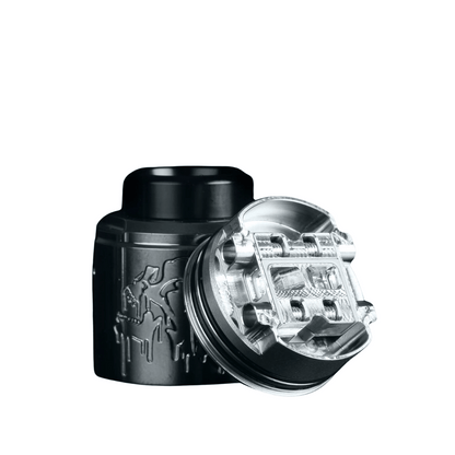 Suicide Mods Nightmare V2 RDA deck, black and silver with intricate detailing.