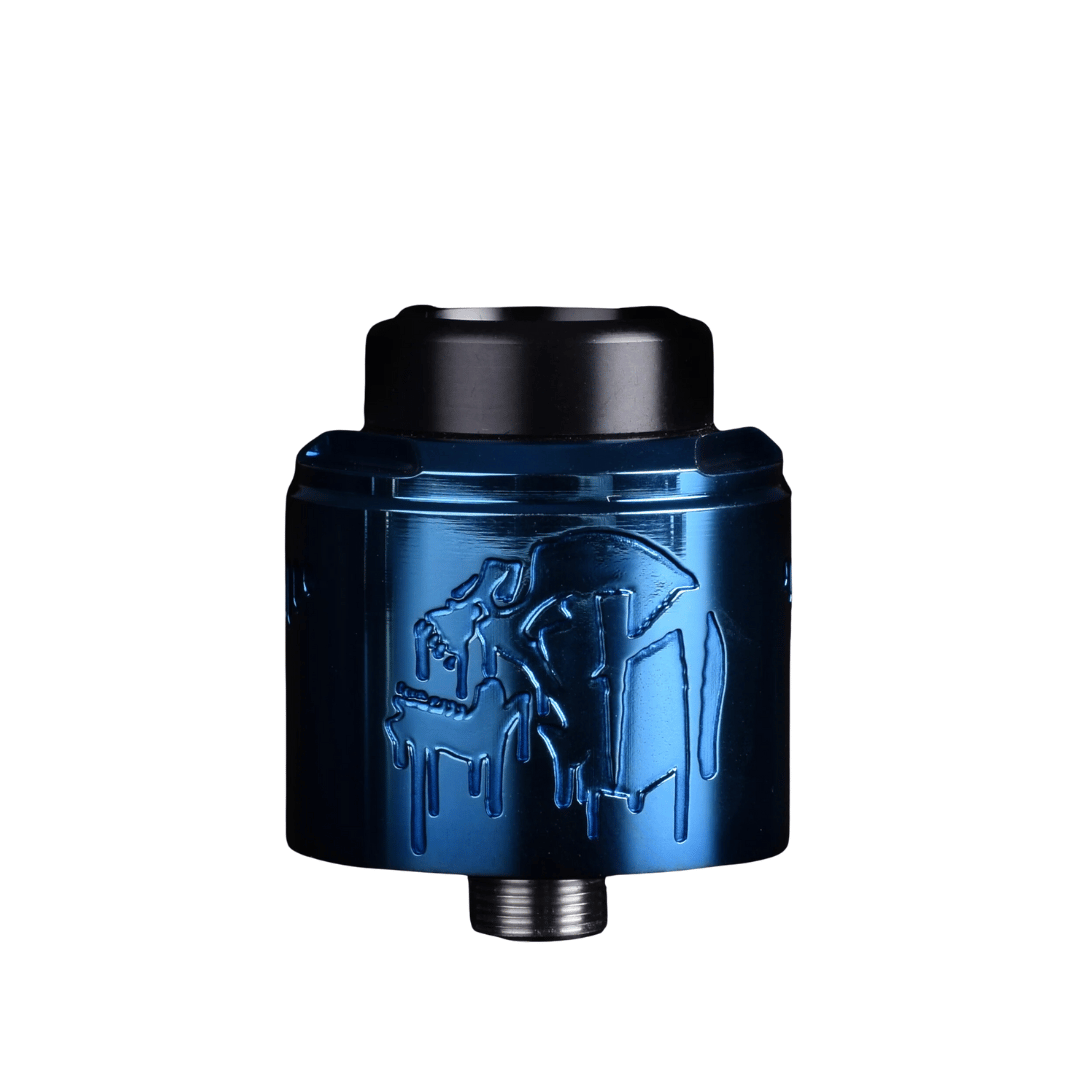 Electric blue Suicide Mods Nightmare V2 RDA with engraved design on a white background.