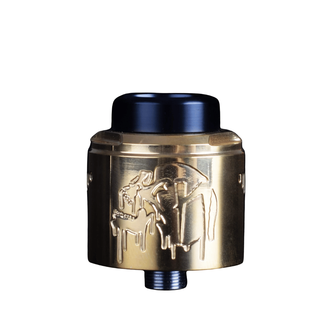 Gold Suicide Mods Nightmare V2 RDA with black drip tip, engraved design.
