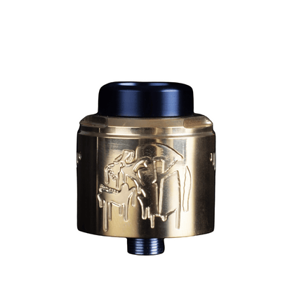 Gold Suicide Mods Nightmare V2 RDA with black drip tip, engraved design.