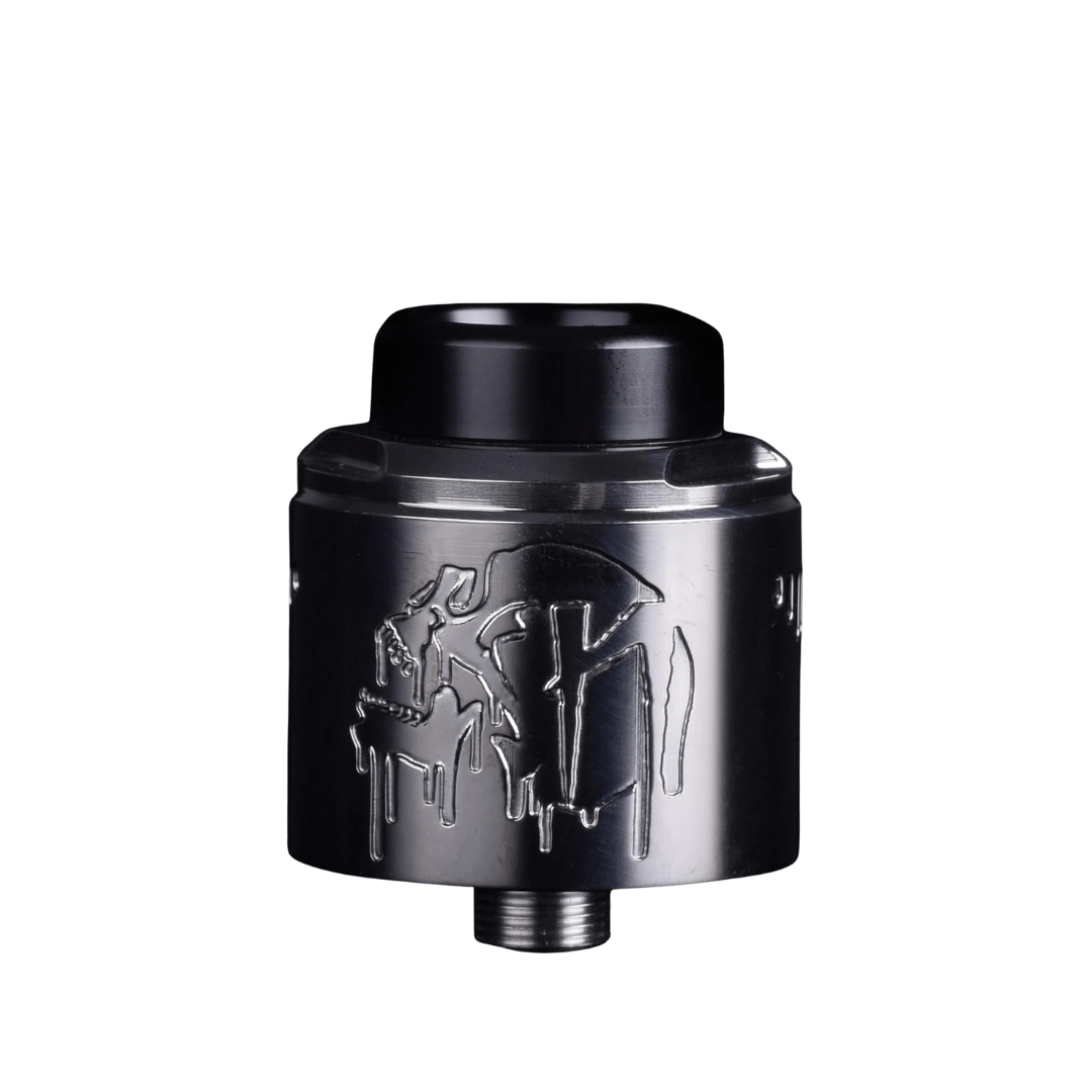 Suicide Mods Nightmare V2 RDA in gunmetal finish, featuring engraved design.