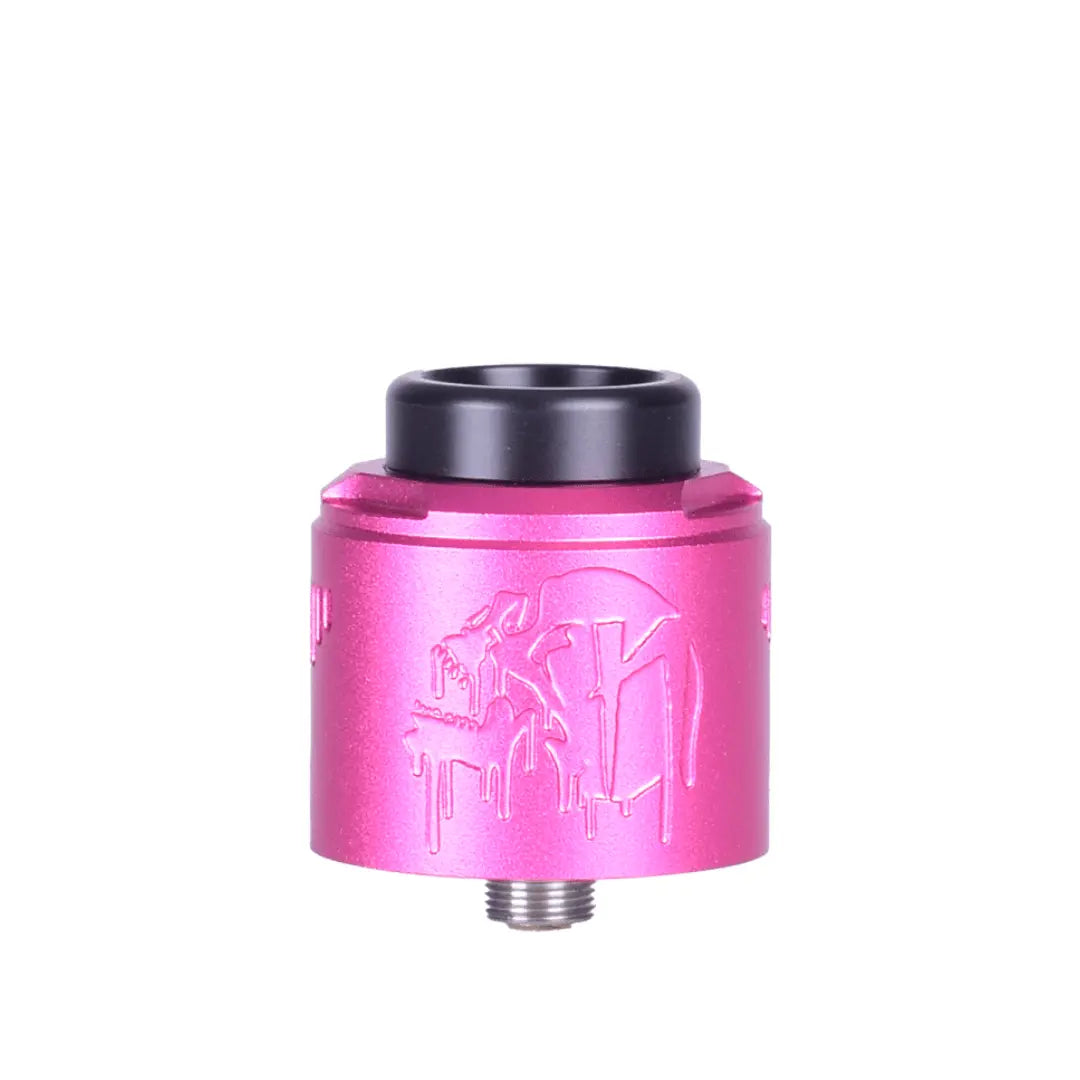Hot pink Suicide Mods Nightmare V2 RDA with black drip tip, featuring a dripping skull design.