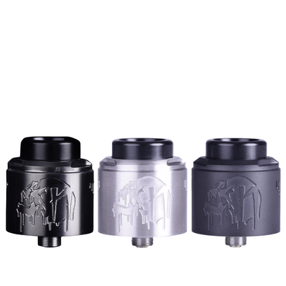 Three Suicide Mods Nightmare V2 RDAs in black, silver, and grey, with engraved logos.