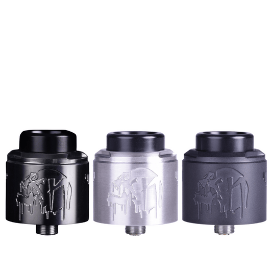 Three Suicide Mods Nightmare V2 RDAs in black, silver, and grey, with engraved logos.