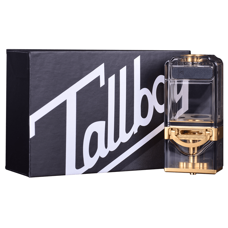 Tallboy Stubby Tank RBA by Suicide Mods, clear tank with gold accents, beside branded box.