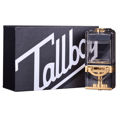 Tallboy Stubby Tank RBA by Suicide Mods, clear tank with gold accents, beside branded box.