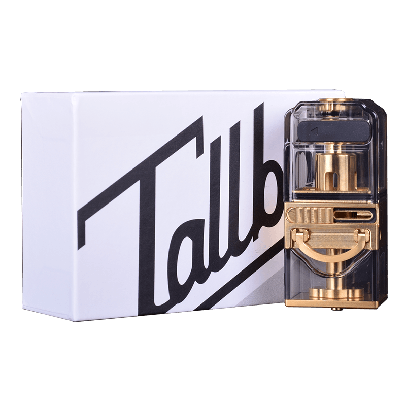 Suicide Mods Tall Boy Stubby Tank in gold, displayed beside its branded packaging.
