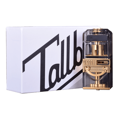 Suicide Mods Tall Boy Stubby Tank in gold, displayed beside its branded packaging.