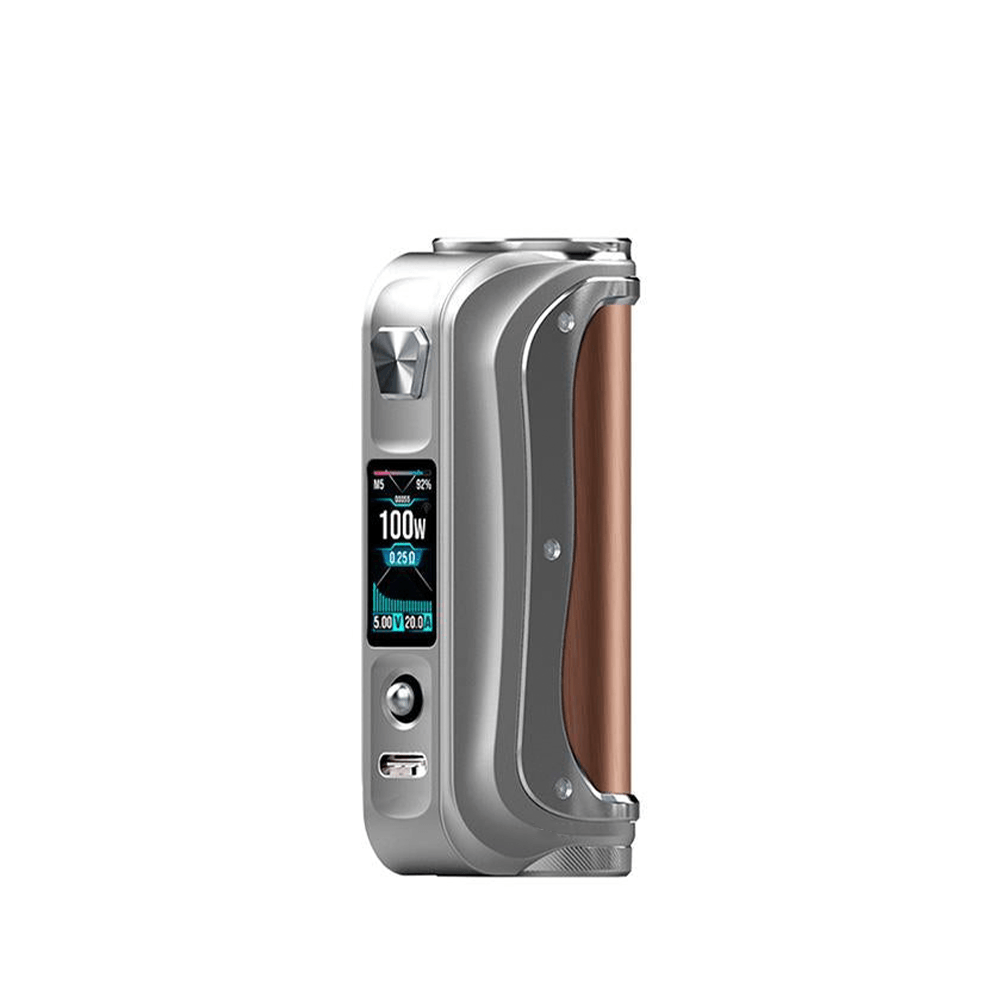 Silver and copper vape mod with digital display and sleek design.