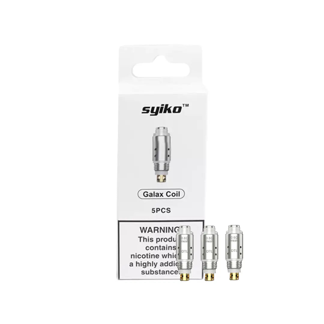 Three Syiko Galax replacement box and coils; one 0.6Ω mesh DTL on a grey background.