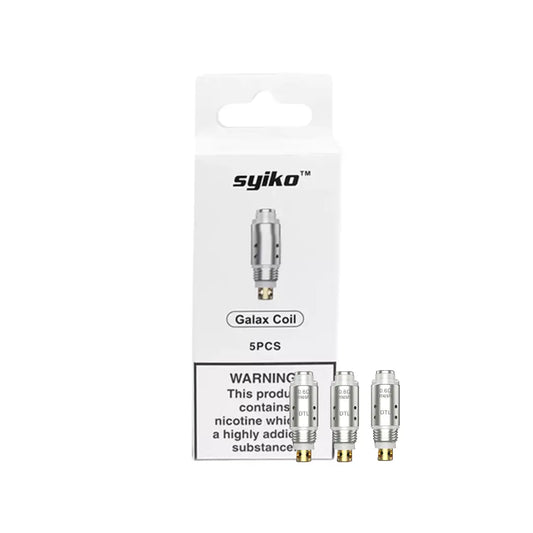 Three Syiko Galax replacement box and coils; one 0.6Ω mesh DTL on a grey background.