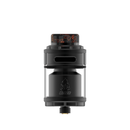 THC X Mike Vapes Blaze RTA, black with flame design, displayed on a white background.