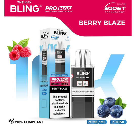 The Bling 10K Pro Max Replacement Prefilled Pods - Box of 5 Available In Berry Blaze Flavour 
