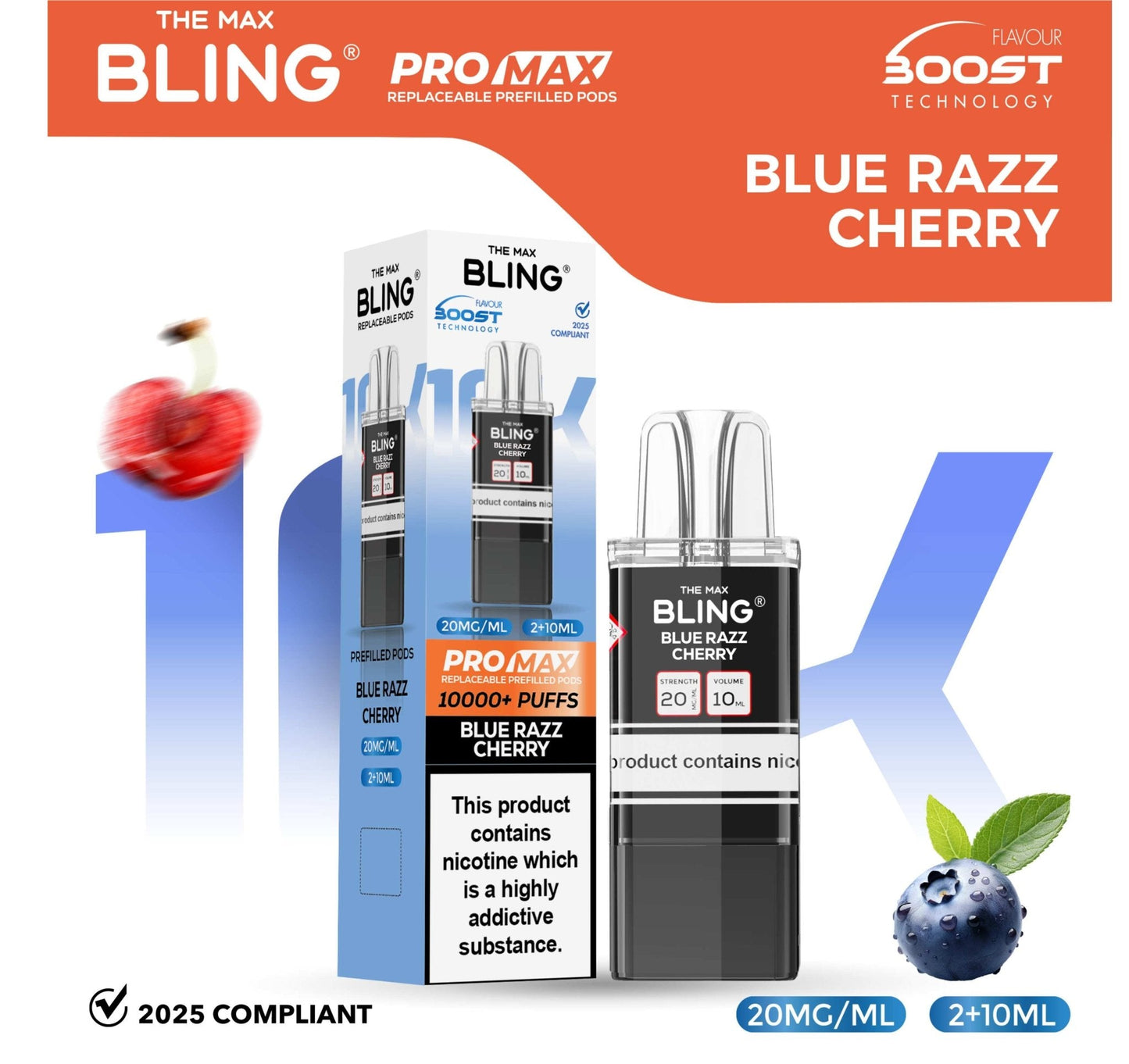 The Bling 10K Pro Max Replacement Prefilled Pods - Box of 5 Available In Blue Razz Cherry Flavour 