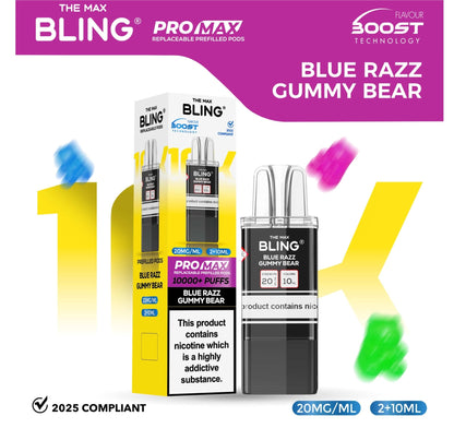 The Bling 10K Pro Max Replacement Prefilled Pods - Box of 5 Available In Blue Razz Gummy Bear Flavour 