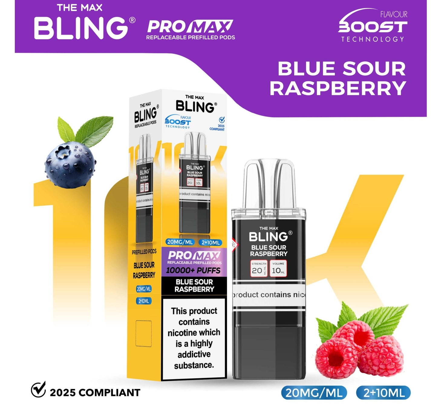 The Bling 10K Pro Max Replacement Prefilled Pods - Box of 5 Available In Blue Sour Raspberry Flavour 