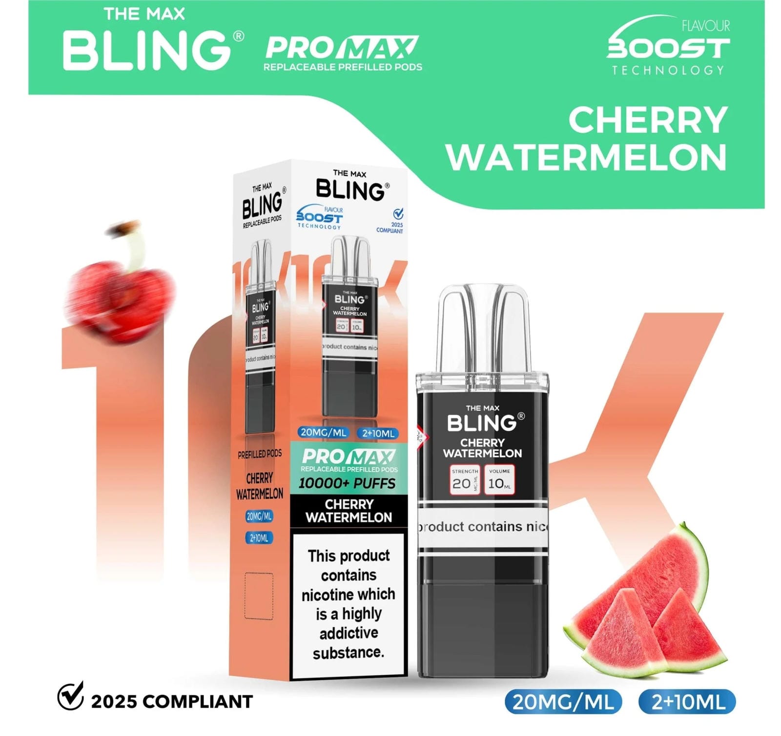The Bling 10K Pro Max Replacement Prefilled Pods - Box of 5 Available In Cherry Watermelon Flavour 