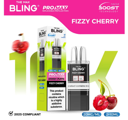 The Bling 10K Pro Max Replacement Prefilled Pods - Box of 5 Available In Fizzy Cherry  Flavour 