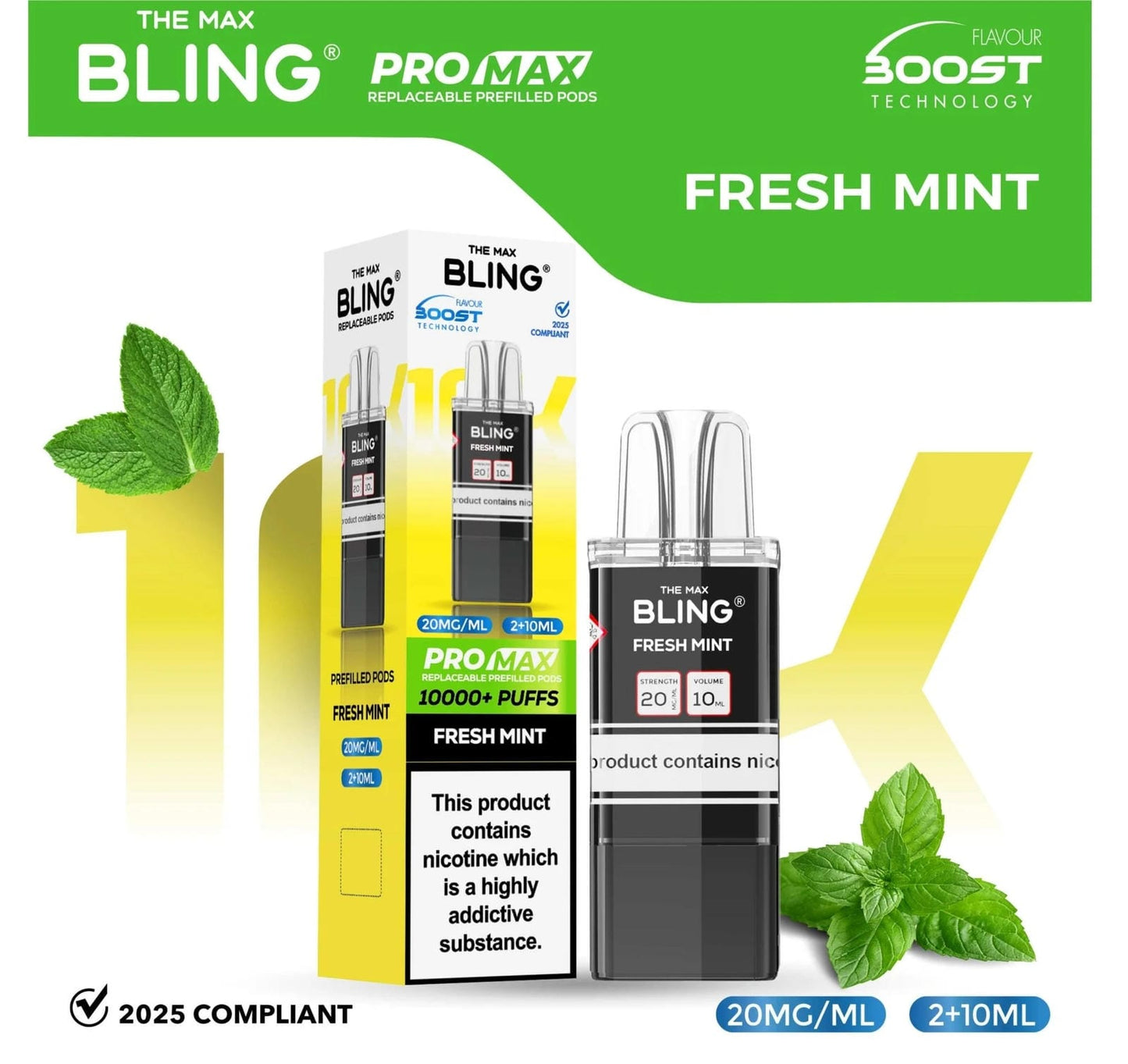 The Bling 10K Pro Max Replacement Prefilled Pods - Box of 5 Available In fresh Mint Flavour 