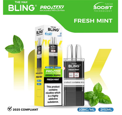 The Bling 10K Pro Max Replacement Prefilled Pods - Box of 5 Available In fresh Mint Flavour 