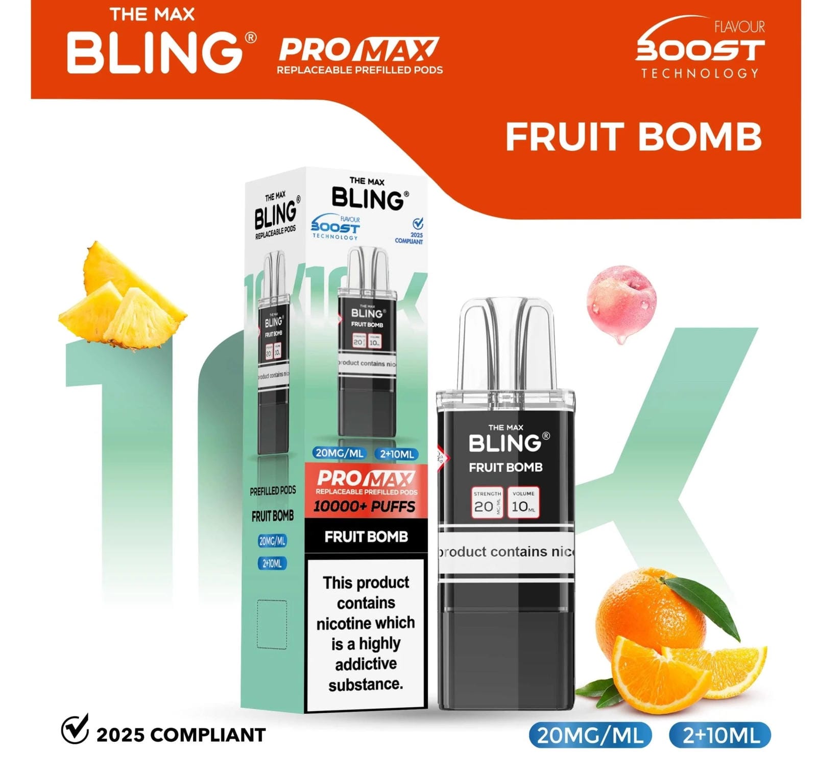The Bling 10K Pro Max Replacement Prefilled Pods - Box of 5 Available In Fruit Bomb Flavour 