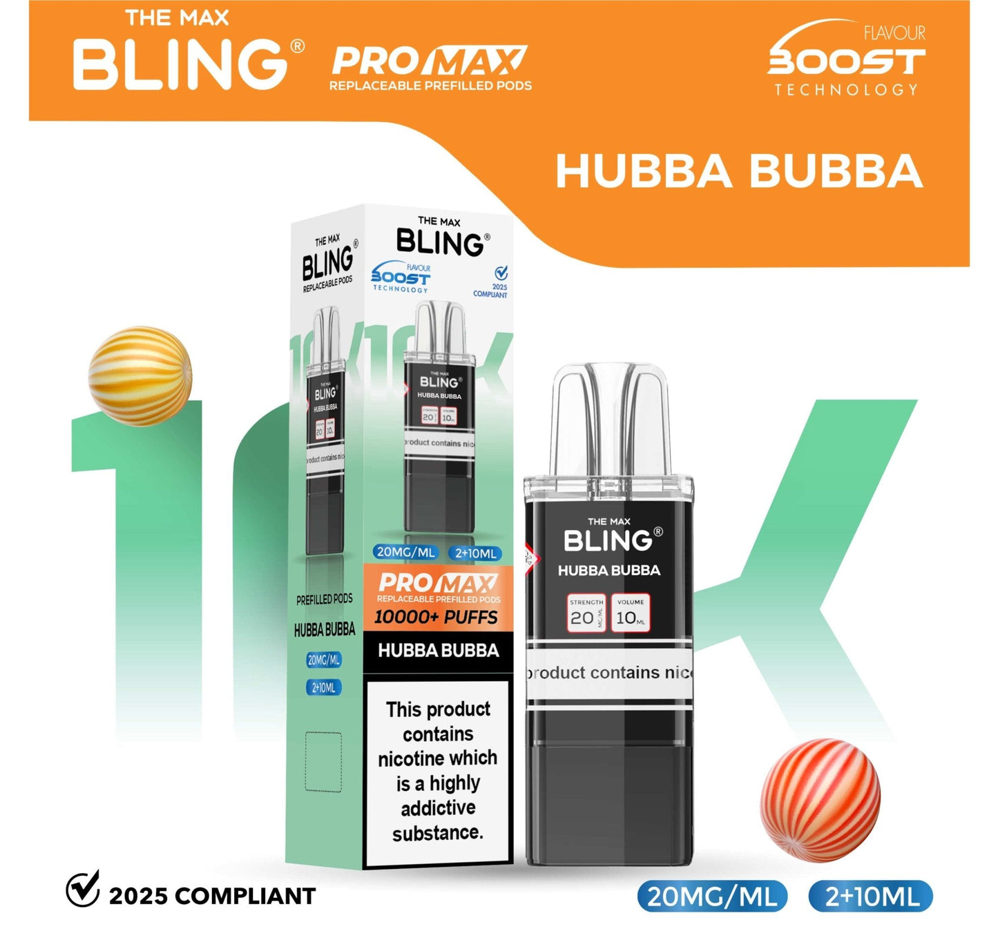 The Bling 10K Pro Max Replacement Prefilled Pods - Box of 5 Available In Hubba Bubba Flavour 