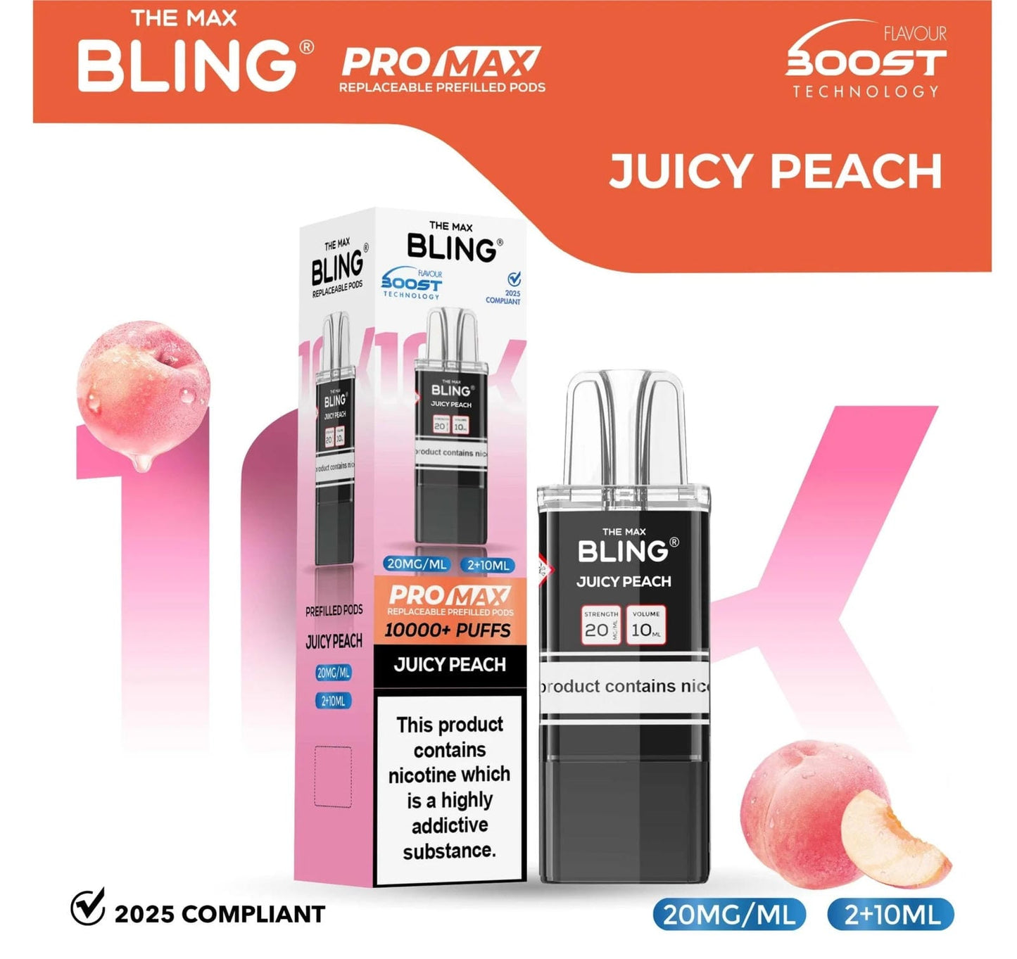 The Bling 10K Pro Max Replacement Prefilled Pods - Box of 5 Available In Juicy Peach Flavour 