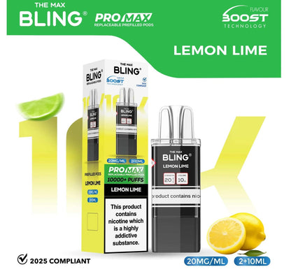 The Bling 10K Pro Max Replacement Prefilled Pods - Box of 5 Available In Lemon Lime Flavour 