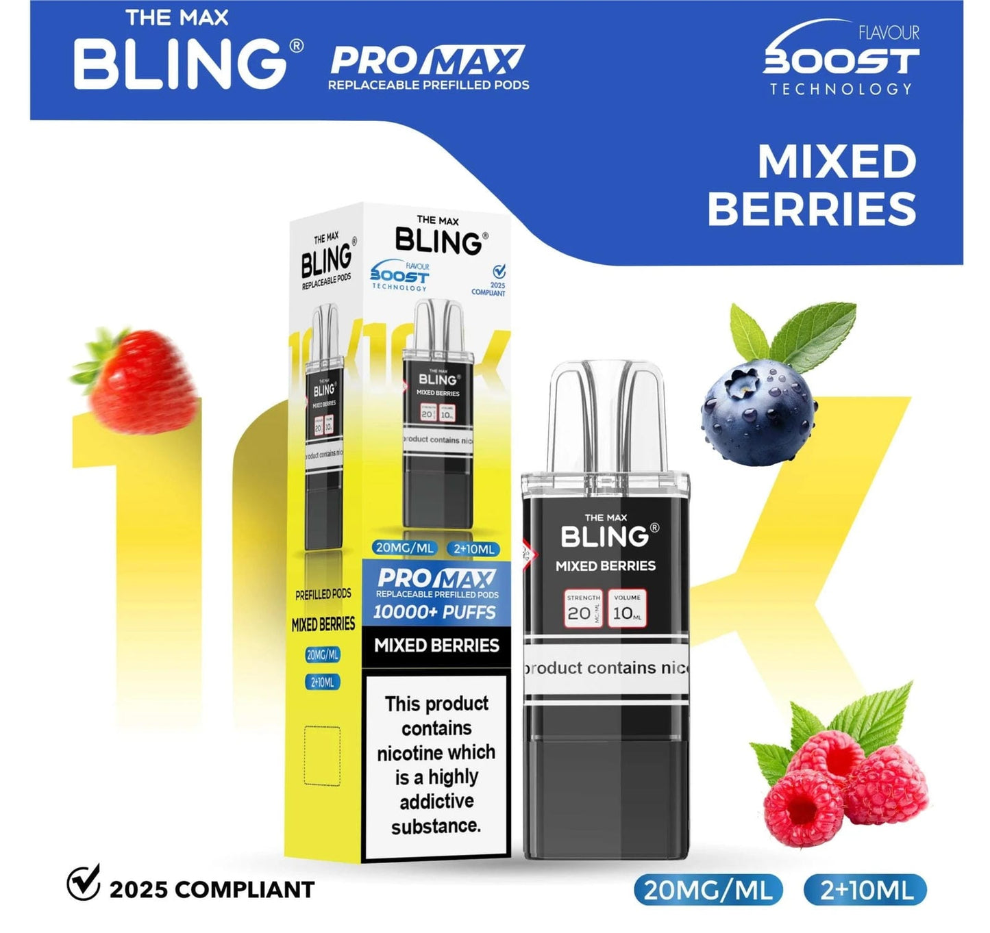 The Bling 10K Pro Max Replacement Prefilled Pods - Box of 5 Available In Mixed Berries Flavour 