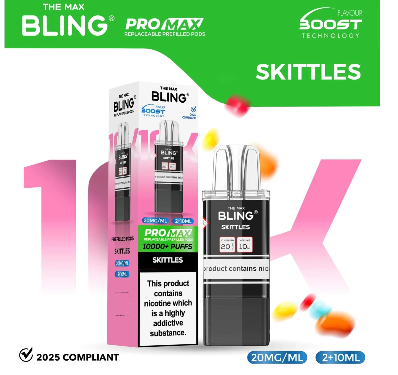 The Bling 10K Pro Max Replacement Prefilled Pods - Box of 5 Available In Skittles Flavour 