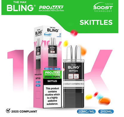 The Bling 10K Pro Max Replacement Prefilled Pods - Box of 5 Available In Skittles Flavour 