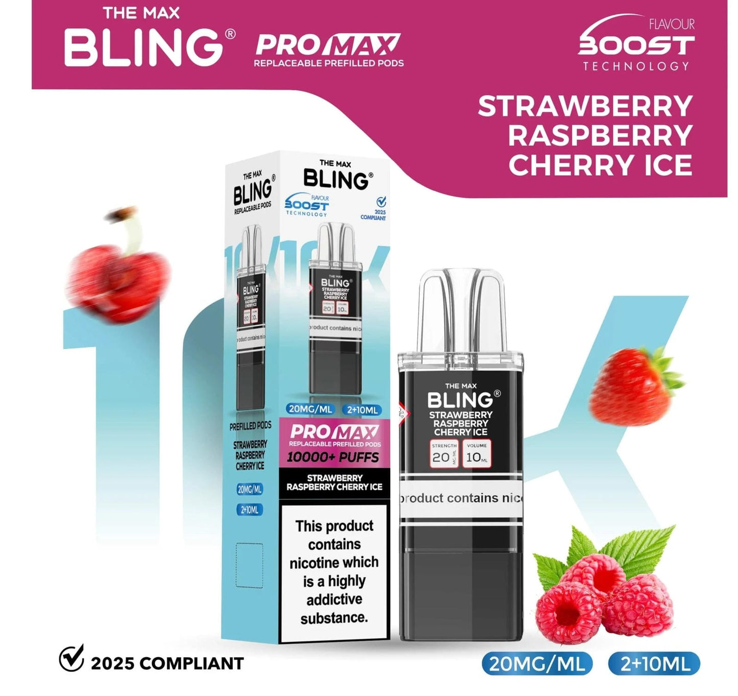 The Bling 10K Pro Max Replacement Prefilled Pods - Box of 5 Available In Strawberry Raspberry Cherry Ice Flavour 